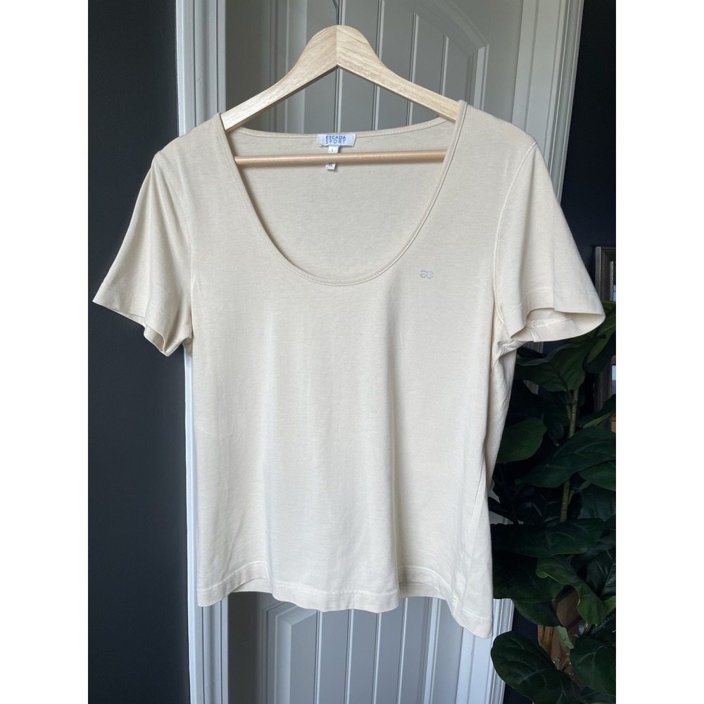 Escada Sport Cream Cotton Scoop Neck Tee T-Shirt Sz L Rhinestone Logo Y2K | FLAW